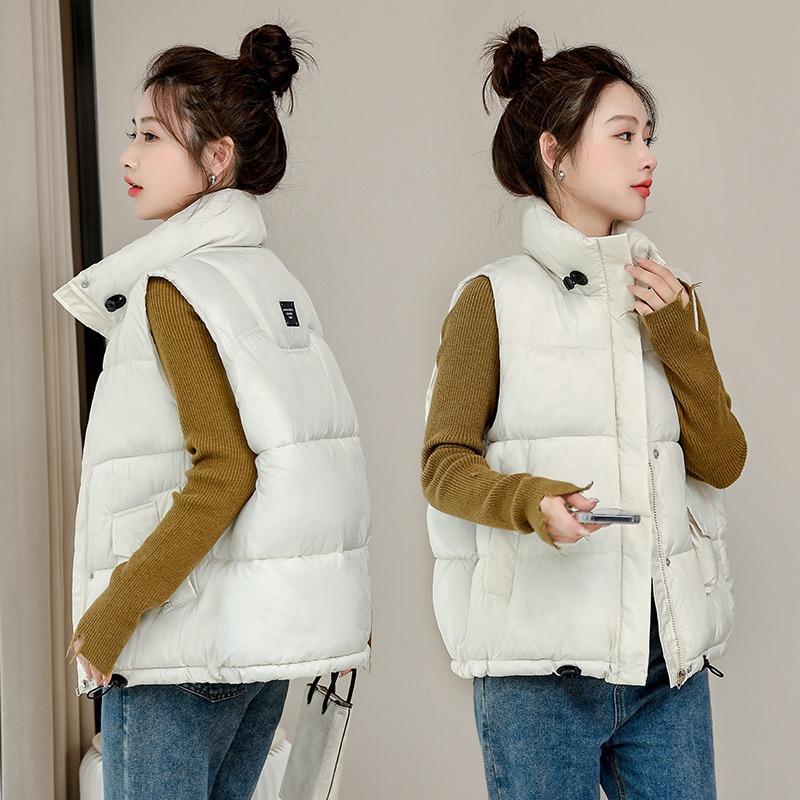 Stand-up Collar Down Cotton Vest Women's Drawstring Autumn and Winter New Loose Thickened Sleeveless Vest Jacket