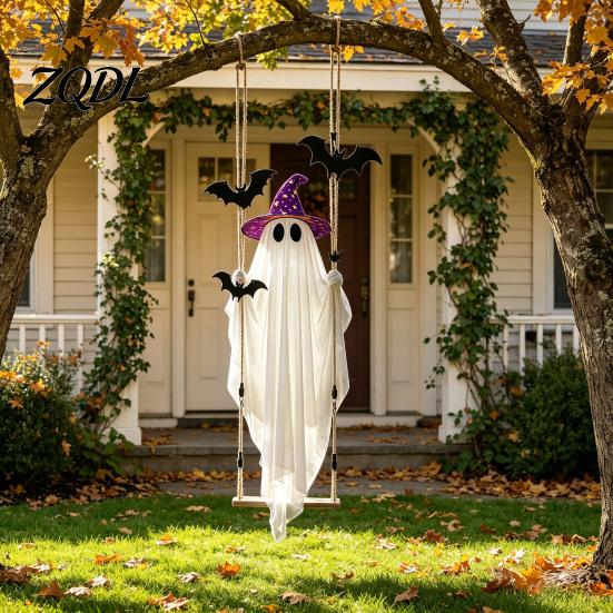 Decorative Polyester Ghost for Garden Halloween Swing Hanging Ornament with LED String Lights Outdoor Decor, Adjustable Horror Themed Lawn Ornaments