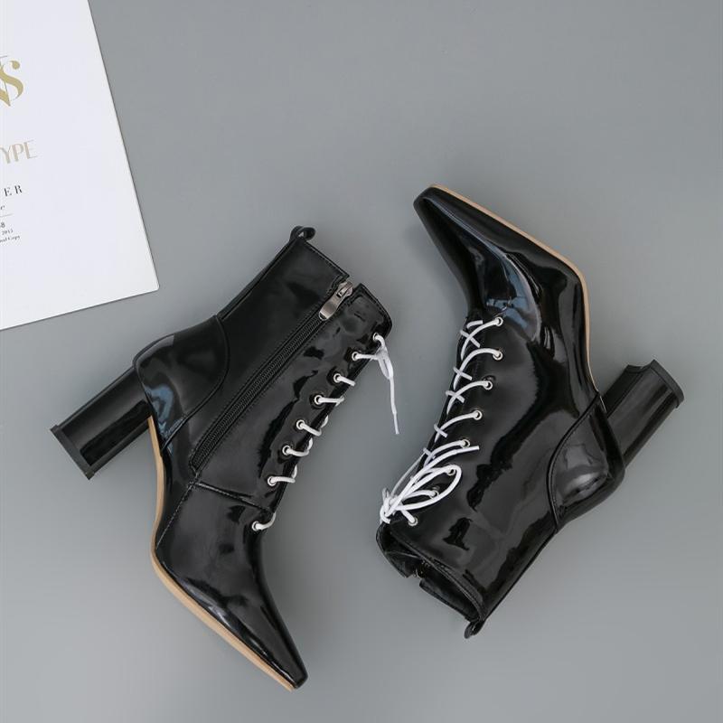 Móda Nadměrná velikost 47 Podzim Zima Kotníkové boty pro ženy Lakovaná kůže Vodotěsné Krátké boty Módní Šněrovací Červené Bílé Motorkářské boty