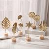 Golden Leaf Sculpture with Wood Base Ornament Ginkgo Palms Leaves Statue Figurine Table Adornment Office Desktop Decor