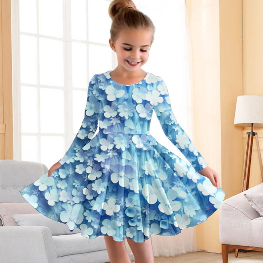 Girl Casual 3D Flower Pattern Print Round Neck Long Sleeve Dress Kid Princess Dress 80