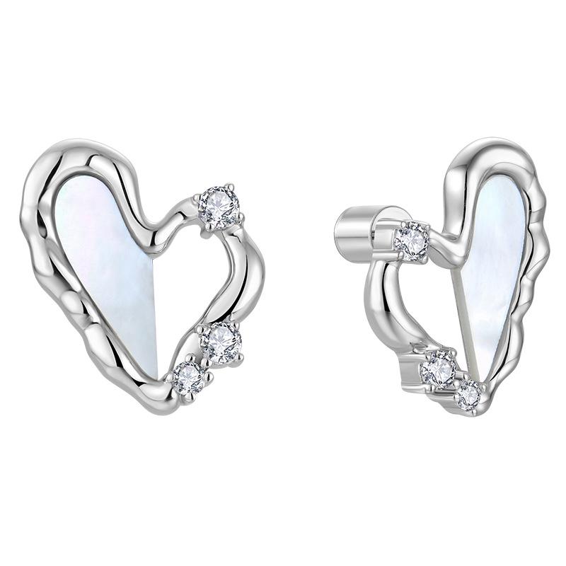 Irregular Heart Stud Earrings: 925 Silver Posts, White Mother-of-Pearl, Stylish & High-End Feel