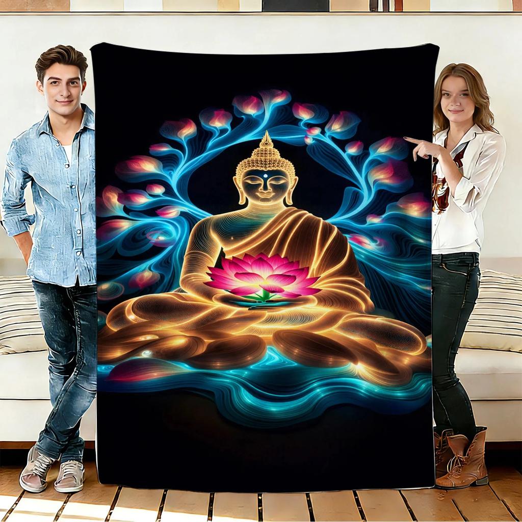 Golden Buddha and Lotus Flannel Blanket Soft Cozy Throws Napping Travel Use