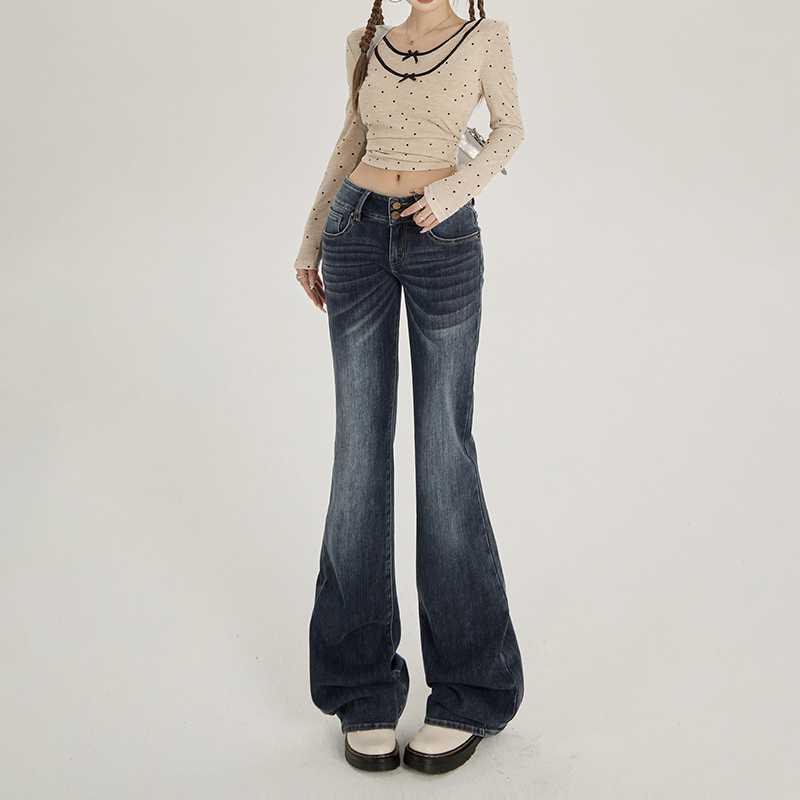 American Retro Low-Waist Double-Button Bell Bottom Jeans - Slimming Elastic Denim Pants for Women