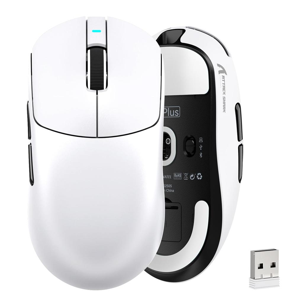 ATTACK SHARK X8PLUS Gaming 40K Lightweight 1K Polling Low 6 Programmable 200 Hours of Continuous White Mouse, Wireless, Sensor, 55g, Rate, Latency,
