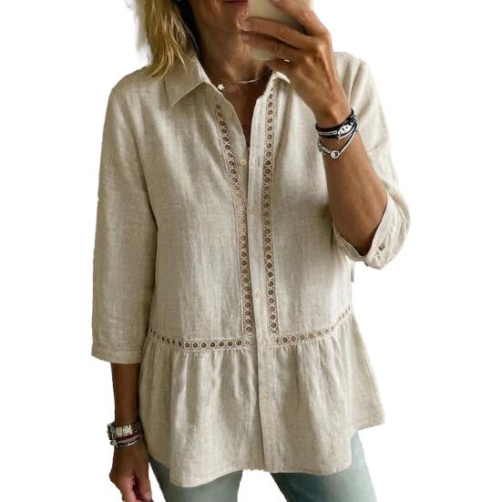 

Women Shirt Lapel 3/4 Sleeves Buttons Placket Shirt Tops Webbing Edges Ruffle Hem Commuting Style Tops XL хаки