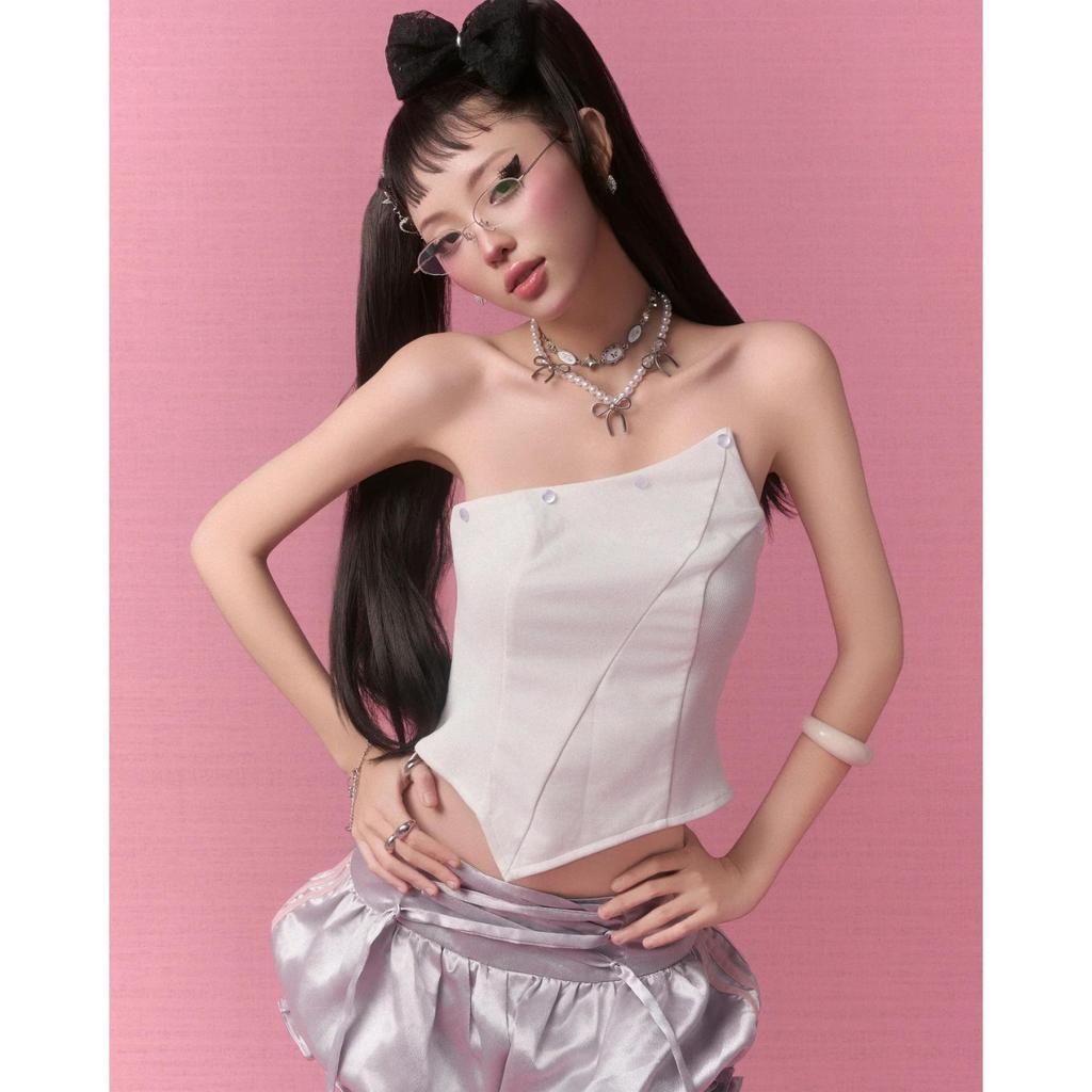 Cross-Border Y2K Puff Sleeve Slim Crop Top with Detachable Bandeau