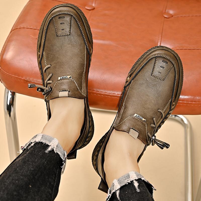 Spring and Autumn Men's Shoes Large Size Men's Casual Leather Shoes Fashion Hand Sewn Platform Shoes Sleeve Men's Single Shoes