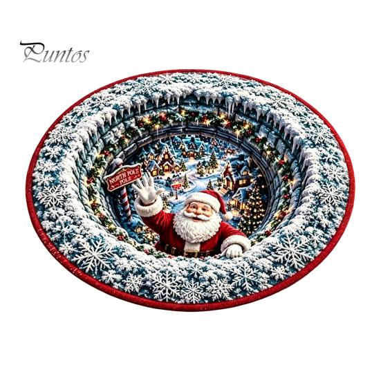 Winter Welcome Mat 3D Christmas Round Rug, Optical Illusion Area Santa Claus Deep Hole Festive Indoor Floor Prints, Non-slip Rug for Entrance