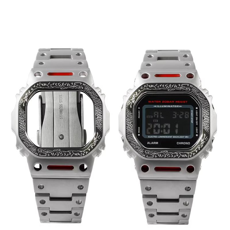 For Casio Small Square GW-M5610DW5600 Series Modified Tiger Rock Pattern Relief Mech Metal Case Strap Watch Trendy Accessories
