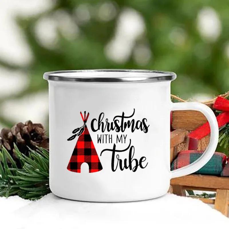 Merry Christmas Print Creative Enamel Coffee Tea Wine Drink Mug Dessert Hot Cocoa Milk Cup Cake Mugs Handle Drinkware Xmas Gifts