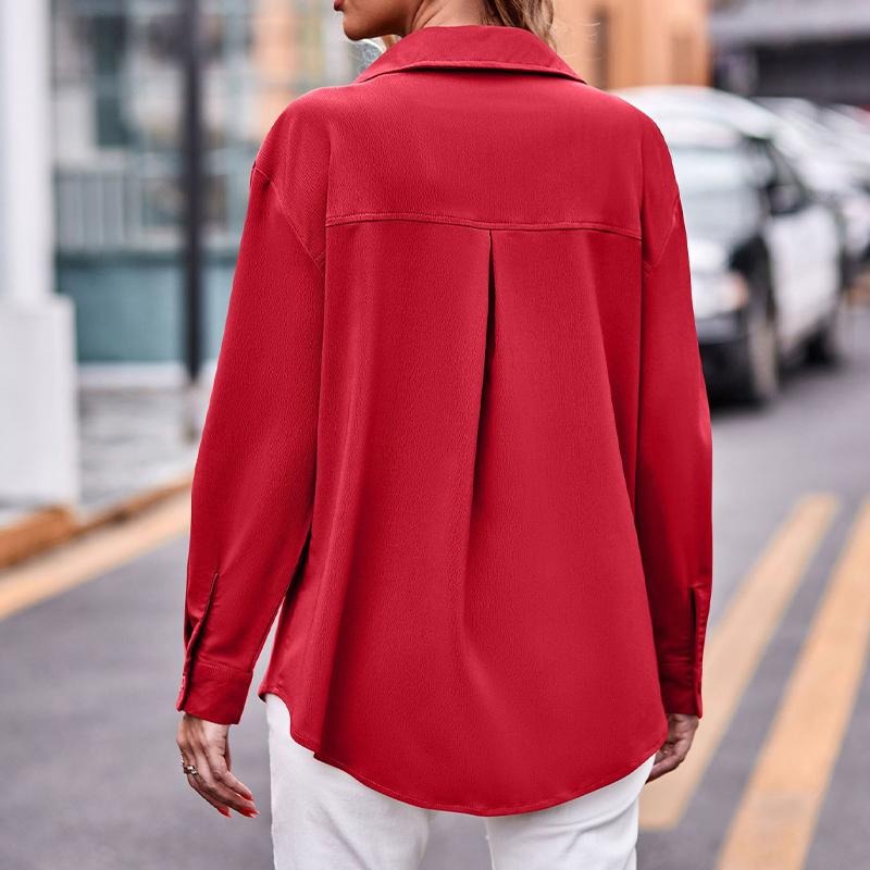 Damen Langarmhemd mit zwei Taschen Übergröße Einfarbig Lässig zum Knöpfen Bluse