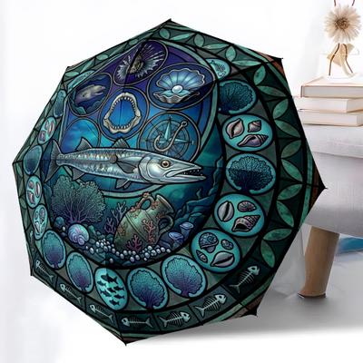 Marine Life Glass Pattern Umbrella, Portable and Foldable Design, 8 Ribs, a Casual Accessory for Halloween, Christmas, and Birthday Gifts.