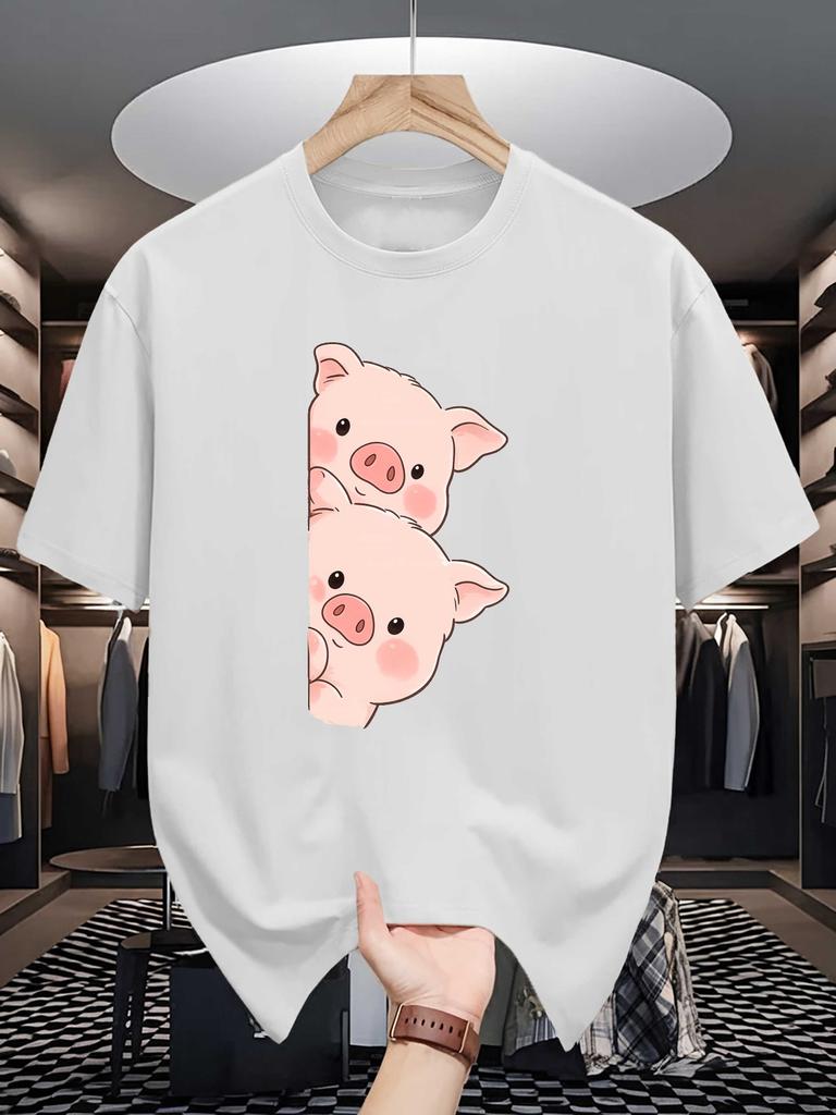 Cartoon Pig Theme Unisexs Red Short Sleeve Cotton Tshirt Two Adorable Blush Pig Peeking Out Minimal Cute Animal Breathable Tops