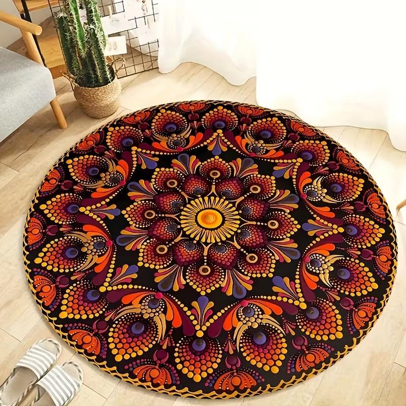 Boho Mandala Round Rug Visual Style Ethnic Lotus Sunflower Print Soft Non Slip Circle Mat for Living Room Bedroom Yoga Decor