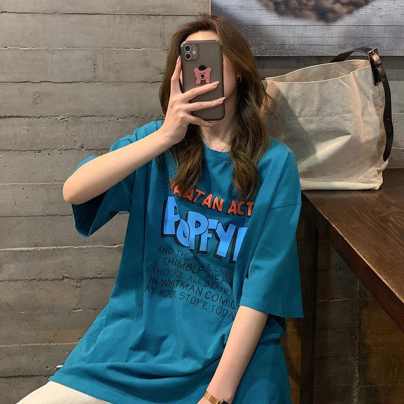 

Pure cotton large size loose medium and long versatile letter printing casual short-sleeved T-shirt women M