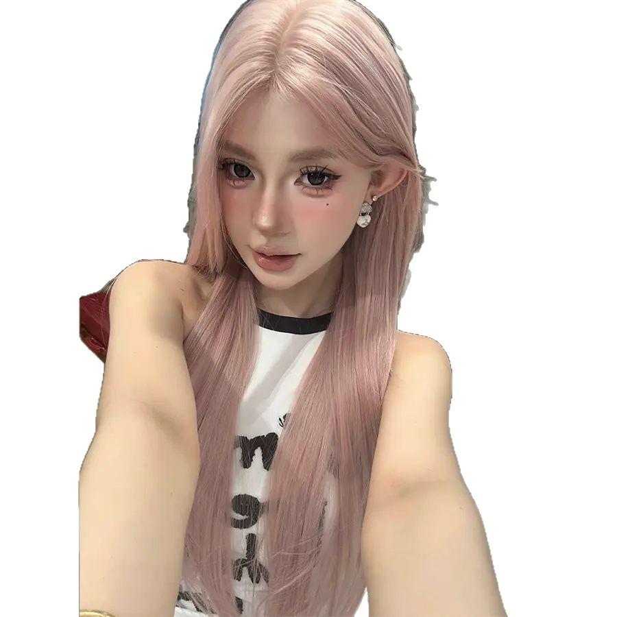 Korean Style Pink Y2K Wig: Long, Straight, Layered, Fashionable & Natural Look for Women