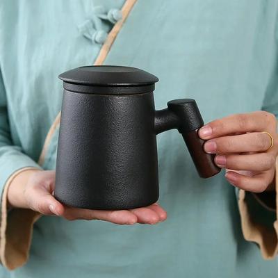 400ML Ceramic Mug Wooden Handle Water Cup Set with Infuser and Lid Double Wall Filter Tea Cup Office Home Teacup Gift Box Set
