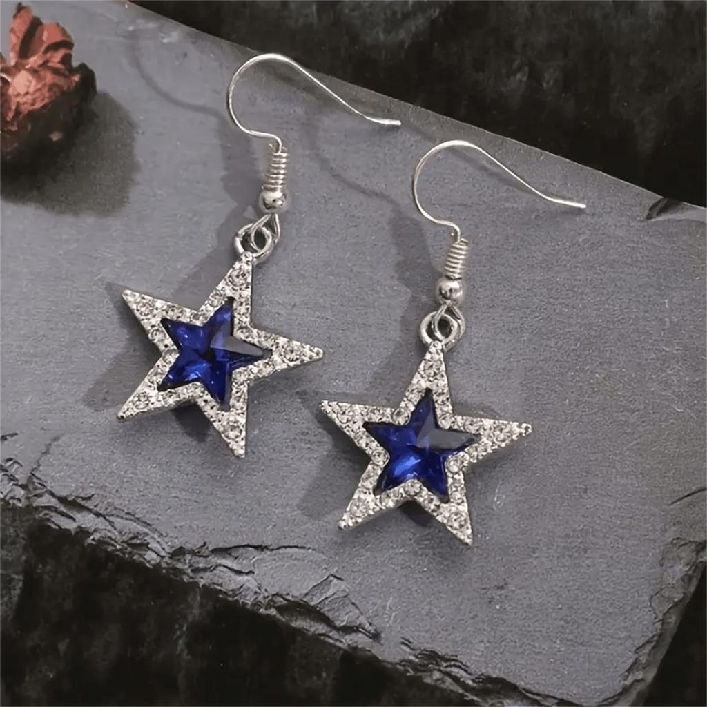 1pair Vintage Gothic Style Sparkly Rhinestone Decor Star Shaped Dangle Earrings Blue Center Stone Goth Jewelry