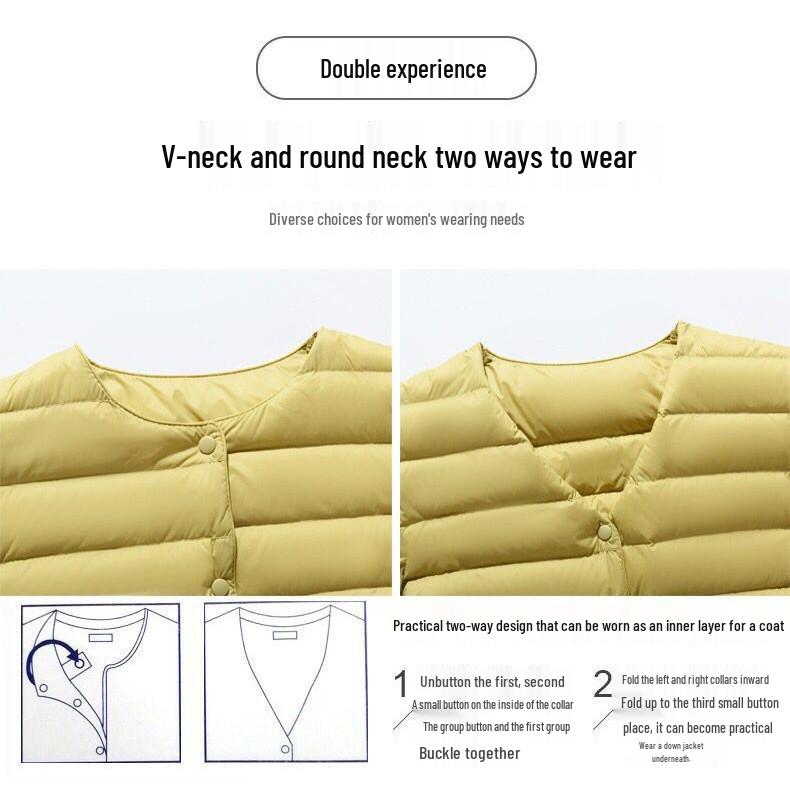 2024 Women's Lightweight Down Jacket, Short, Round V-Neck, Warm, Collarless, Slim Fit, Plus Size, Autumn/Winter Coat