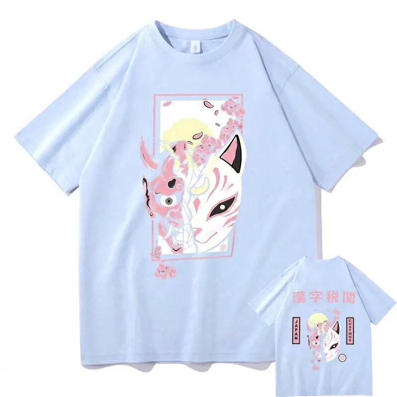 Hannya Mask T Shirts Futuristic Kitsune Mask Graphic T-shirt Japanese Anime Tees Kitsune Streetwear Fox Tshirt Unisex Manga Tops