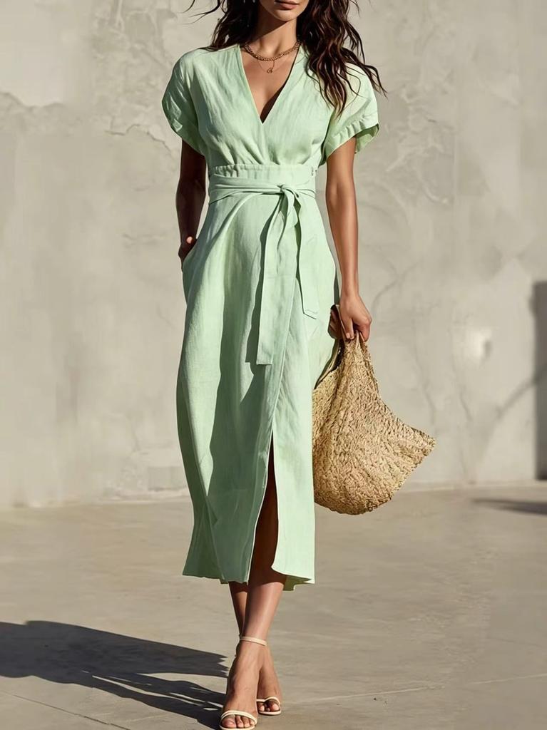 2026 New European and American Cross-border Independent Station Foreign Trade, Casual Simple Solid Color Lace-up V-neck Pocket Medium and Long Dress