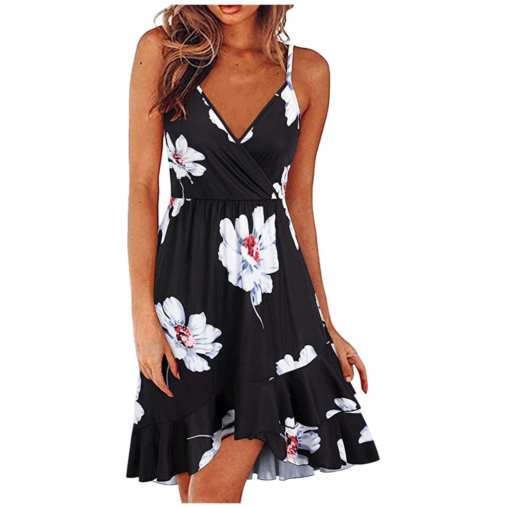 Women Casual Print V-Neck Sleeveless Sling Dress
