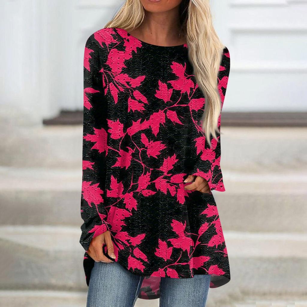 Damen Oberteile Rundhals Langarm Blusen Lässige Mittellange Hemden Mode Druck Tunika-Tops