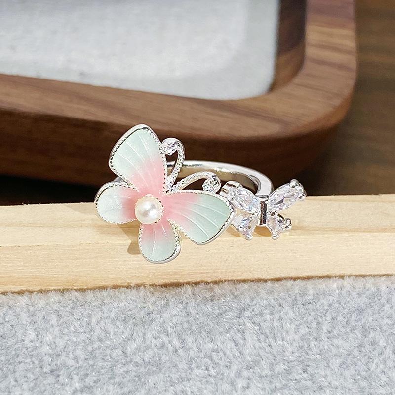Sweet Flower Butterfly Cool Feeling Enamel Dripping Oil Opening Ring Girlish Feeling Light Luxury High Feeling Niche Index Finger Ring