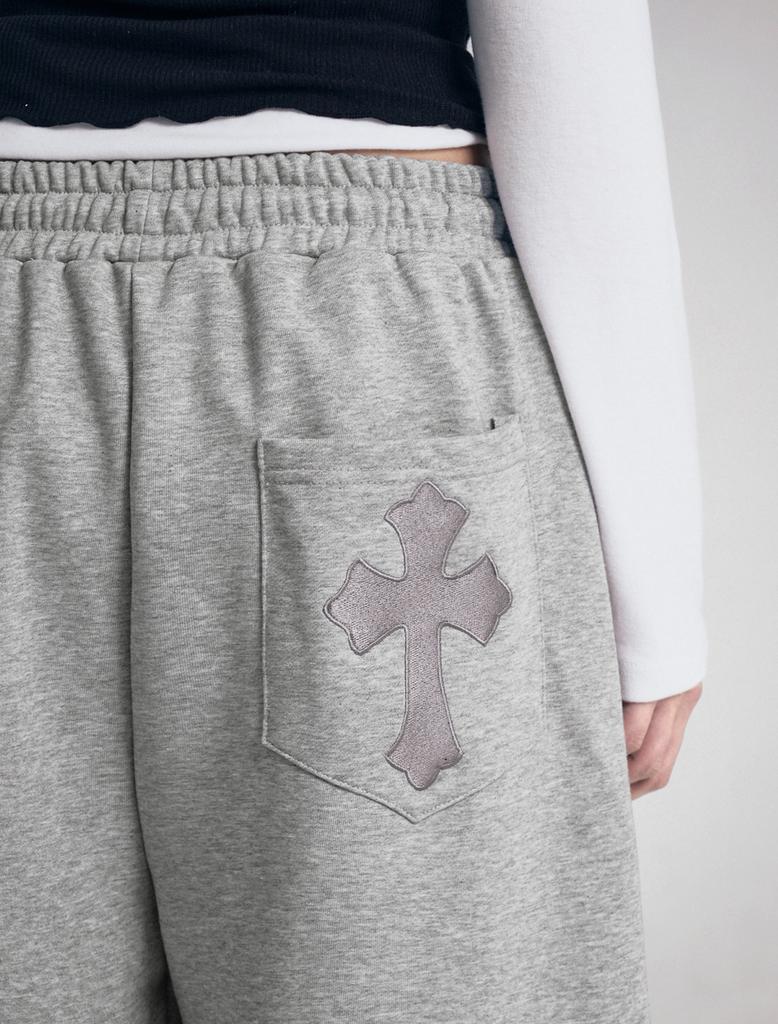 Lupeu Cross Embroidery Elastic Banding Pintuck Wide Long Pants Gray