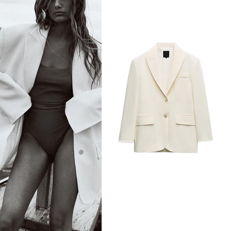 Summer New Fashion Trendy Easiest for Match V Neck Drop Shoulder Long Sleeves with Padded Shoulder Loose Suit Jacket 2010781