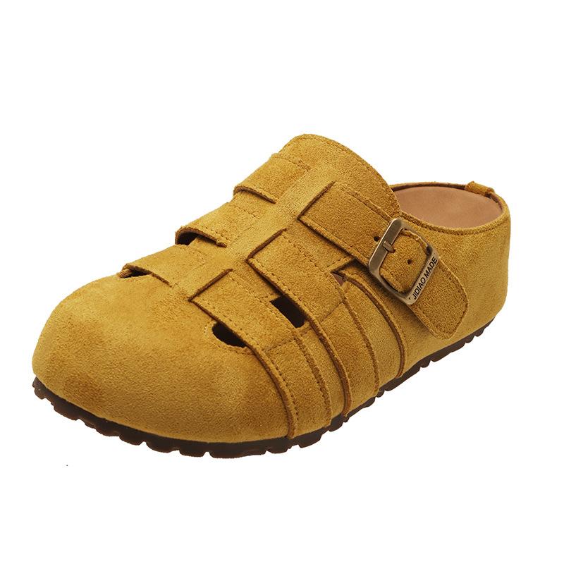 

Retro niche hollow bag head half slippers women s outer wear lazy one pedal thick-soled leather ugly cute empty Roman shoes 35