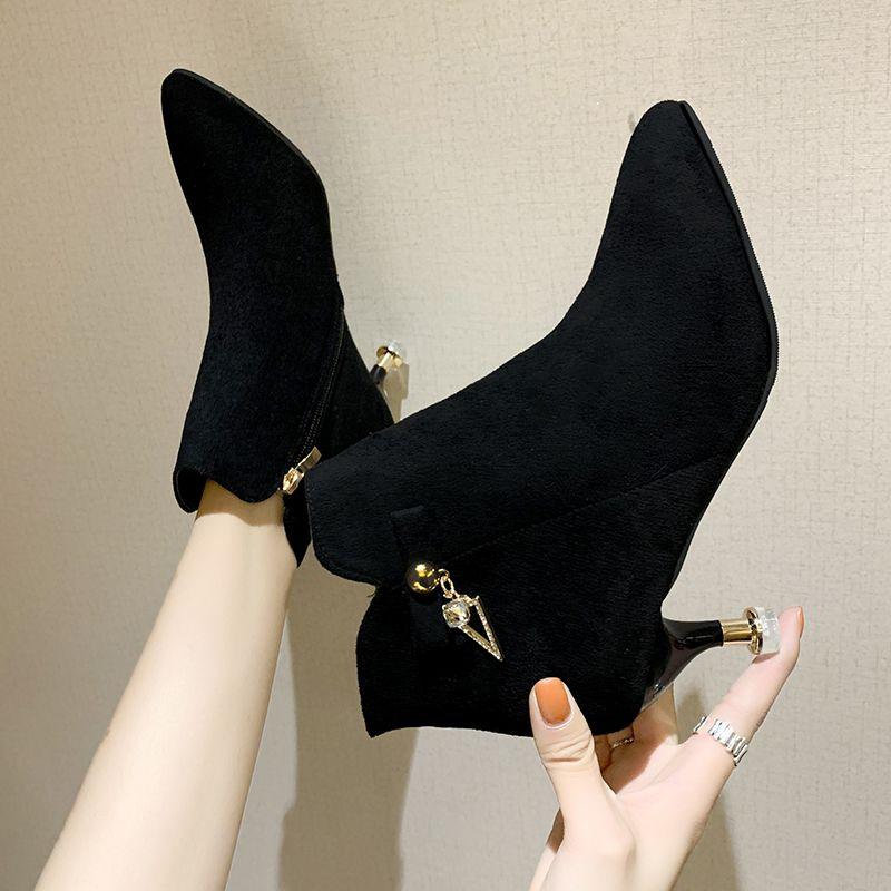 Black Suede Pointed Toe Booties Elegant with Medium Heels Fleece-Lined Woman Short Shoes Autumn Winter Y2k Ankle Boots for Women