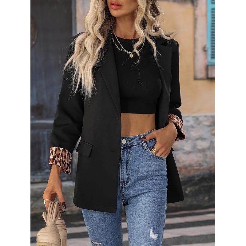 

YYFS Женская мода Повседневный леопардовый принт Осень Зима Длинные рукава Поло воротник куртки и пальто M