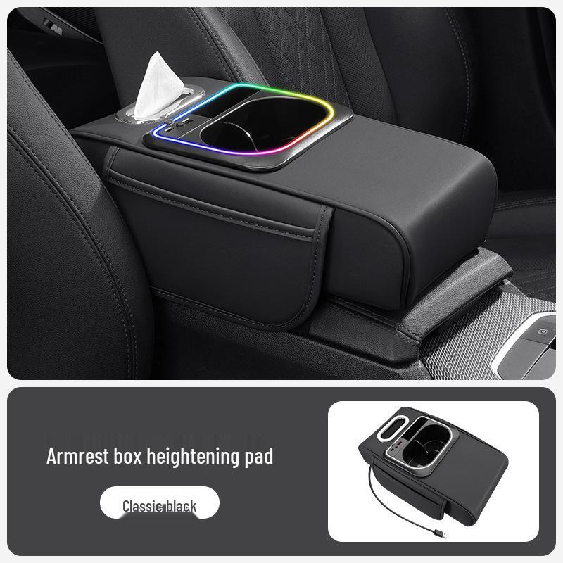 Multifunctional Car Armrest Riser with Dual Fast Charging, Rhythm Light, Cup Holder, and Tissue Box