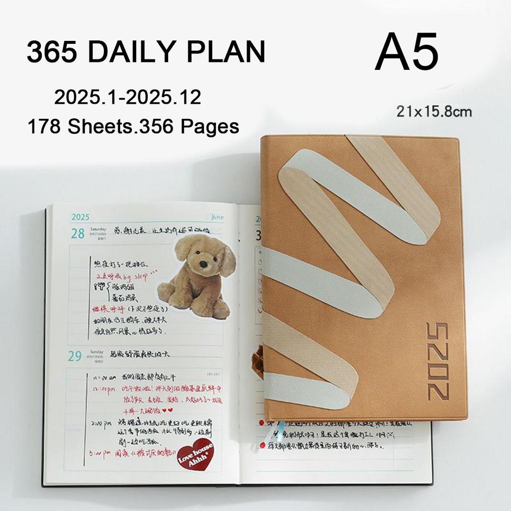 A5 thick leather student time planner, 2025 annual schedule, business notepad, 365-day daily planner, memo, notebook, 178 sheets, 356 pages