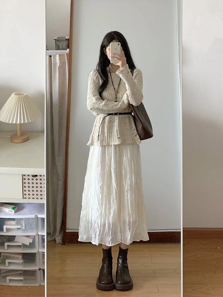 **Korean Autumn Casual Knitted Sweater & Mesh Midi Skirt Set In Tea Color**
