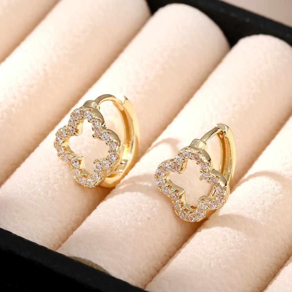 Exquisite Luxury Zircon Embedded Copper Floral Hollow out Petal Earrings Fashion Lucky Flower Shaped Ear Jewelry Accessories