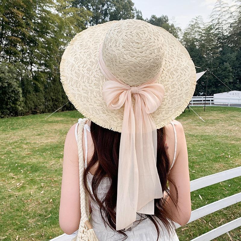 Summer Bow Sun Hat Female, Seaside Beach Vacation Sun Hat Outdoor Big Brim Sun Hat Sweet Straw Hat