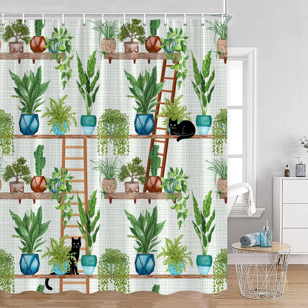 Grüne Topfpflanzen Duschvorhänge Cartoon Katzen Hängende Tropische Blätter Dekorationen Für Bad Polyestergewebe Badezimmervorhang