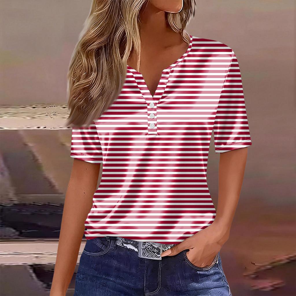 Damesmode Casual Gestreept Print Kraag Korte Mouw Knopen T-shirt