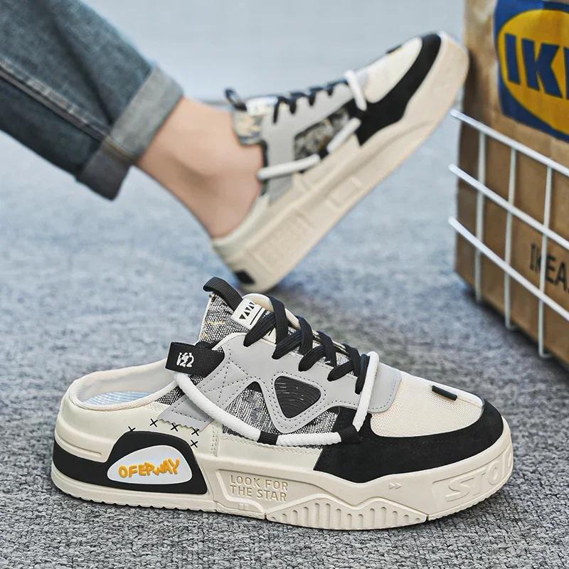 Fashion Men Casual Shoes Lightweight Half Slippers Slip-on Breathable Men Flat Sport Shoes Sneakers Comfortable Driving Loafers