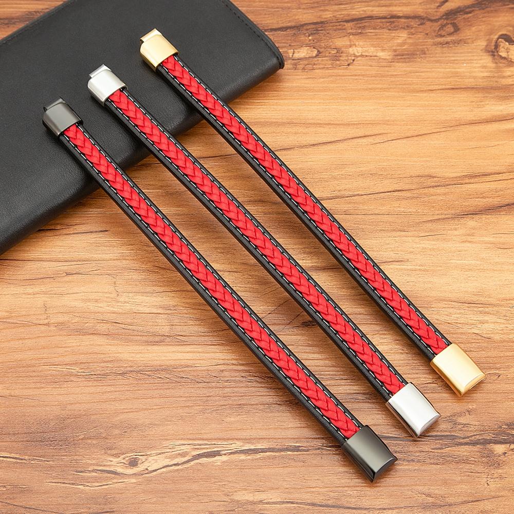 Black & Red Braided Rope Leather Bracelet Men Stainless Steel Charm Jewelry Bangle for Friend Couple Birthday New Year Gift