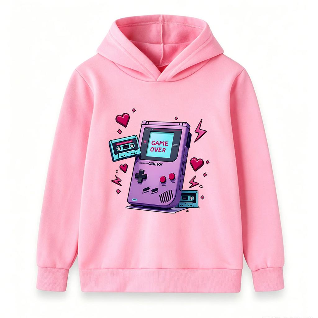 Kids Boys Girls Hoodie Retro Gameboy Cassette Game Over Print Pullover Hooded Sweatshirt Casual Vintage 90s Game Lover Top For Children Daily Wear