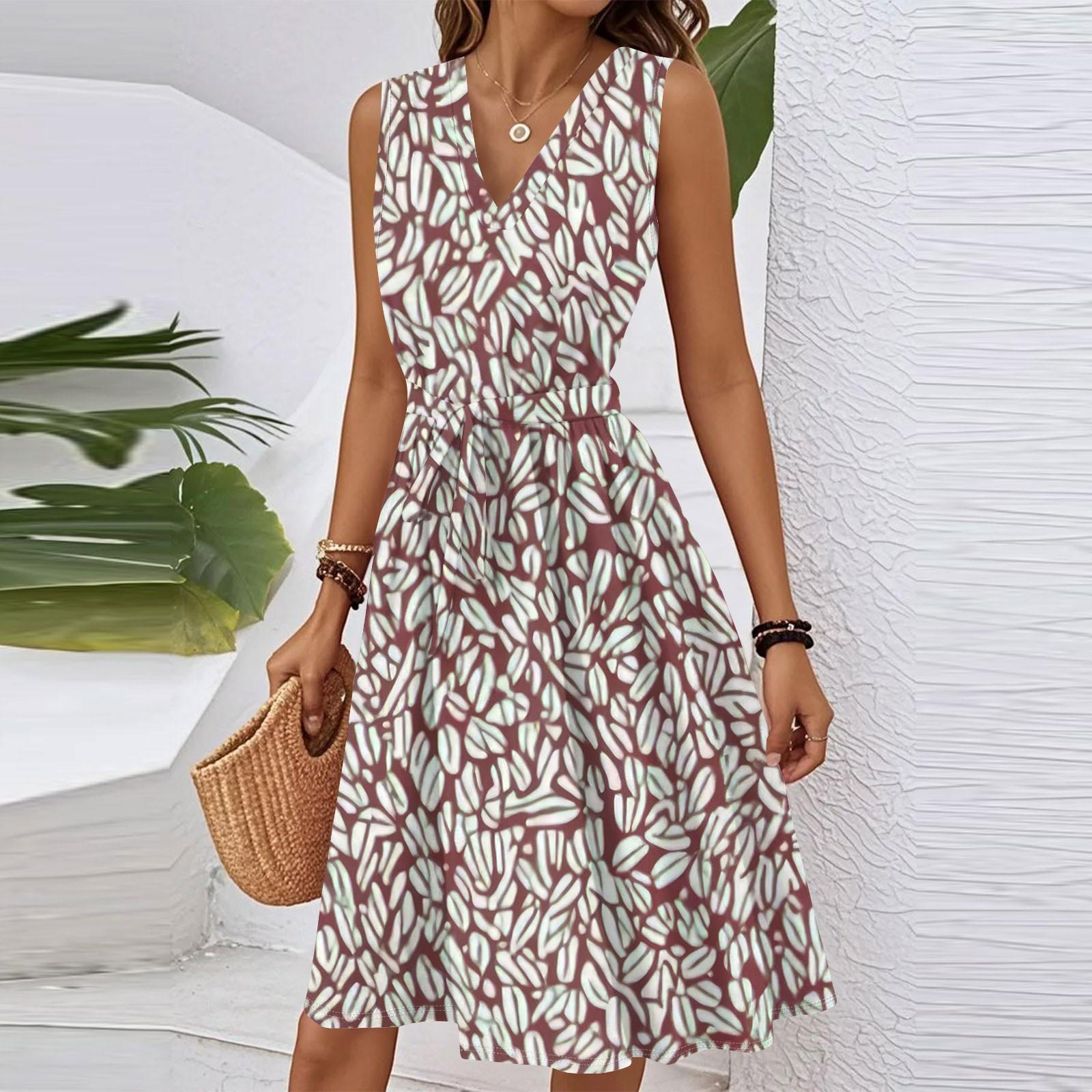 

Women s Spring Summer Casual V Neck Sleeveless Waist Floral Print Midi Dress XL винний