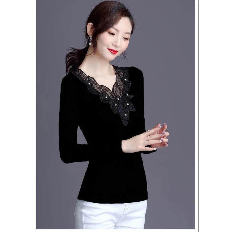 Women's New Velvet and Thickened Autumn Clothes Black Mesh Bottoming Shirt Women's Lace Fashionable Top