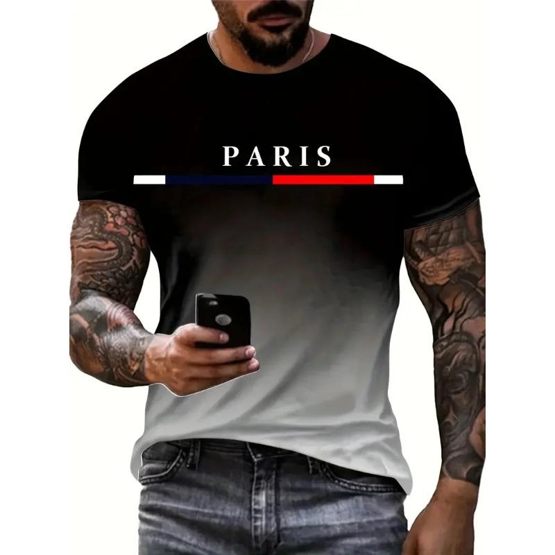 Summer Gradient Paris Letter 3D Printed T-shirt for Outdoor Sports Quick Drying Short Sleeved Men's T-shirts