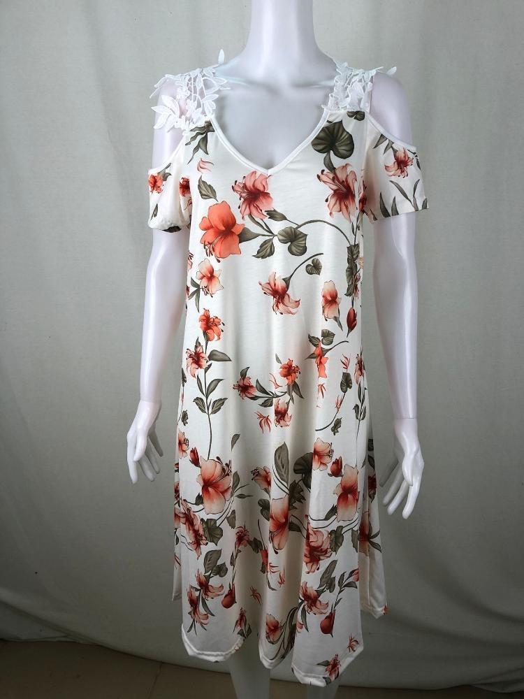 Sommer schulterfrei Blumendruck Sexy Spitze Sommerkleid Damen Lässig Strand Urlaubs Kleid Kurzarm Vestidos Mode Damen