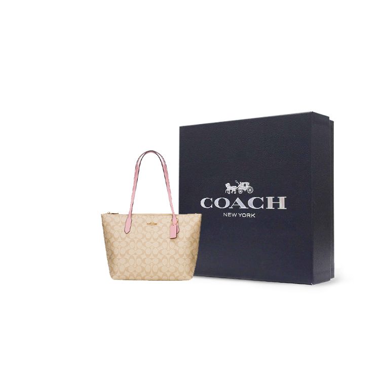 Coach Zip Top Tote 30 Vacation Style Tote Bag Shopping Bag Handbag PVC With Leather Large Women Tote Light-Khaki Cherry-Blossom-Pink 4455-IMSDJ