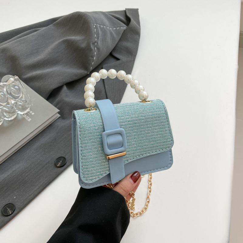 Simple, Shiny and Fashionable Spring New Solid Color Texture Pearl Portable Chain Crossbody Women's Small Square Bag